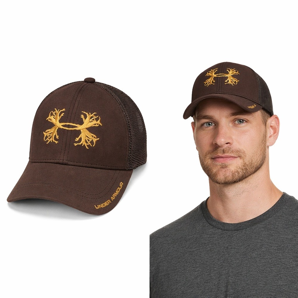Under Armour Mens Antler Logo Trucker Hat Brown Orange Snapback Cap OSFA Hunting